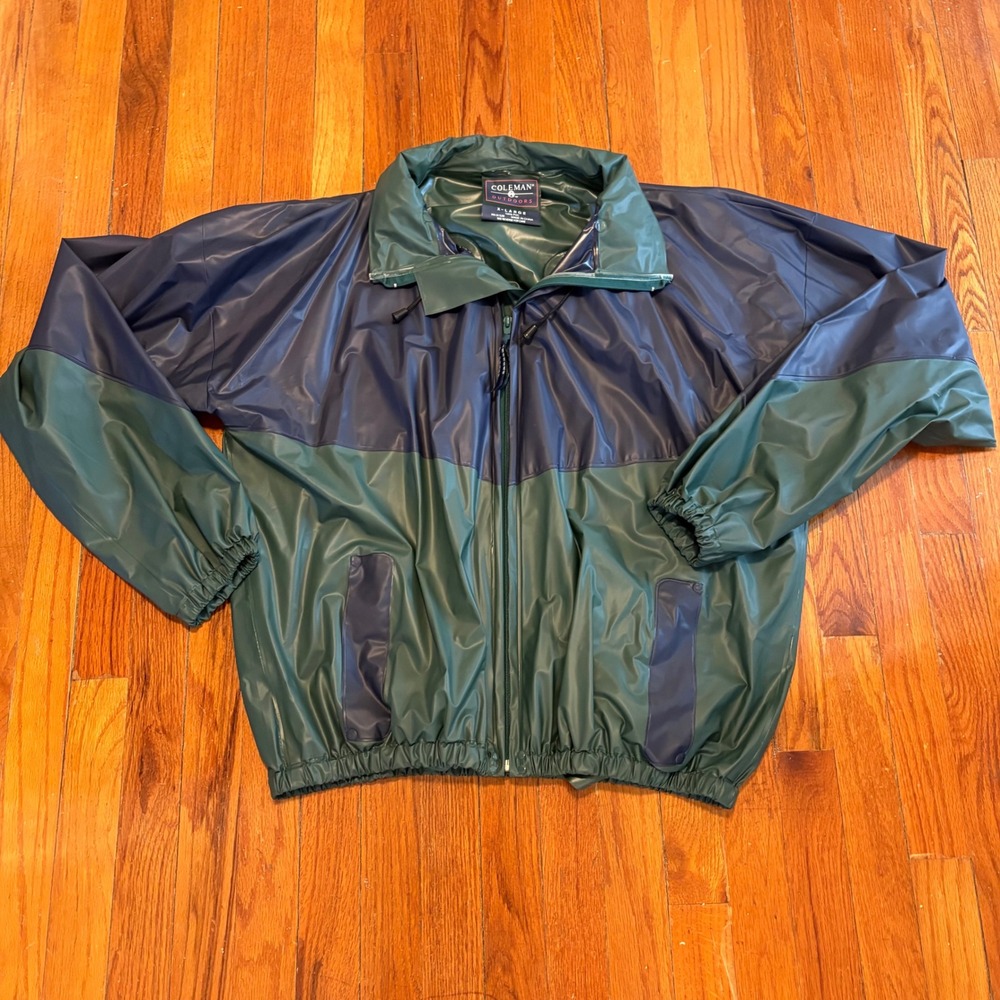 Coleman Mens XL Westwind Rainsuit Jacket Green Navy PVC Waterproof Hooded
